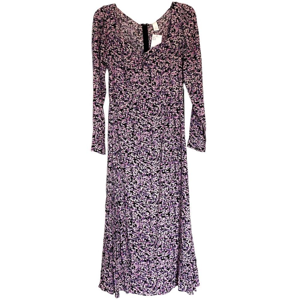H&M Purple Black Floral Cottagecore Midi Dress Long Sleeve Boho Size S